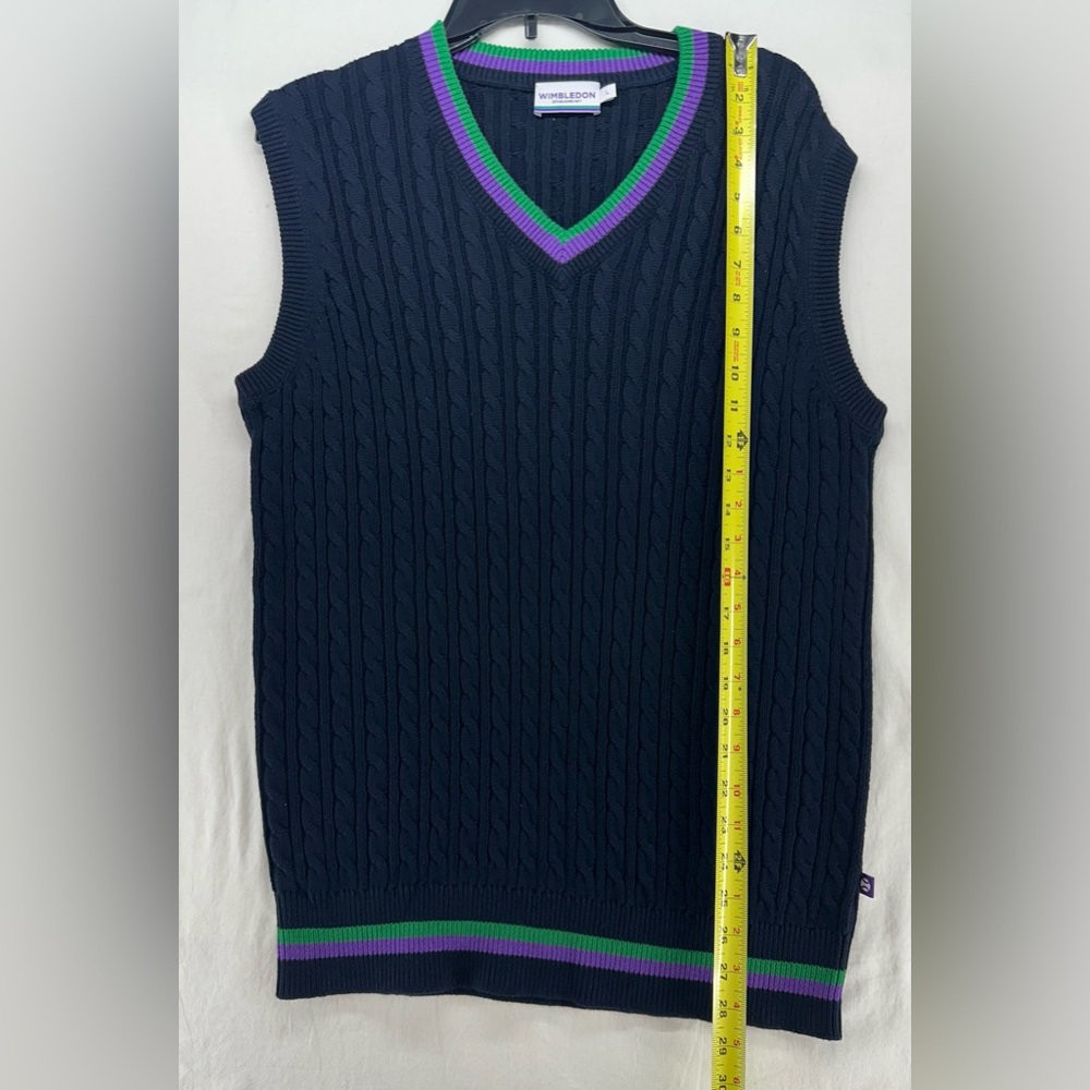 Wimbledon Navy Blue Cable Knit Sweater Vest Purple Green Stripe Womens Size L - Picture 5 of 7